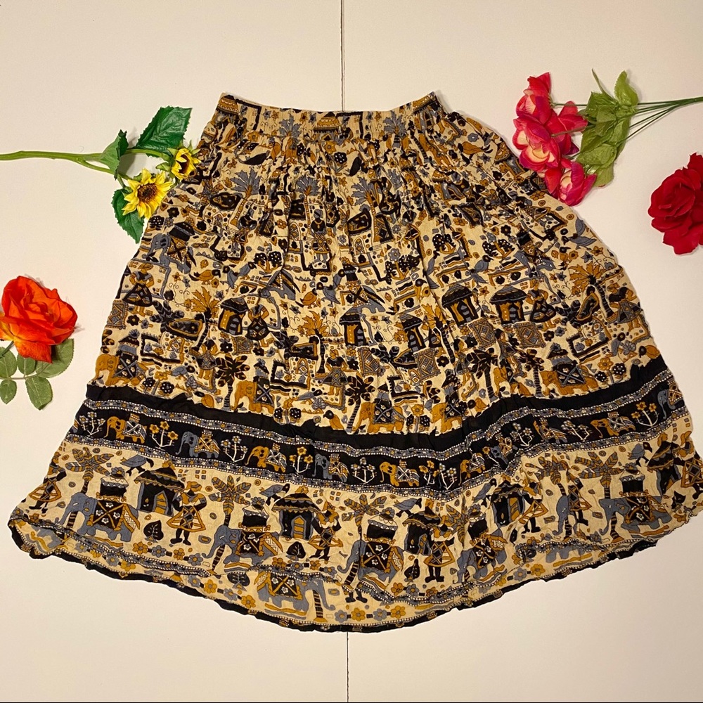 Orvis Brown Blue Elephant Maxi / Midi Skirt Small